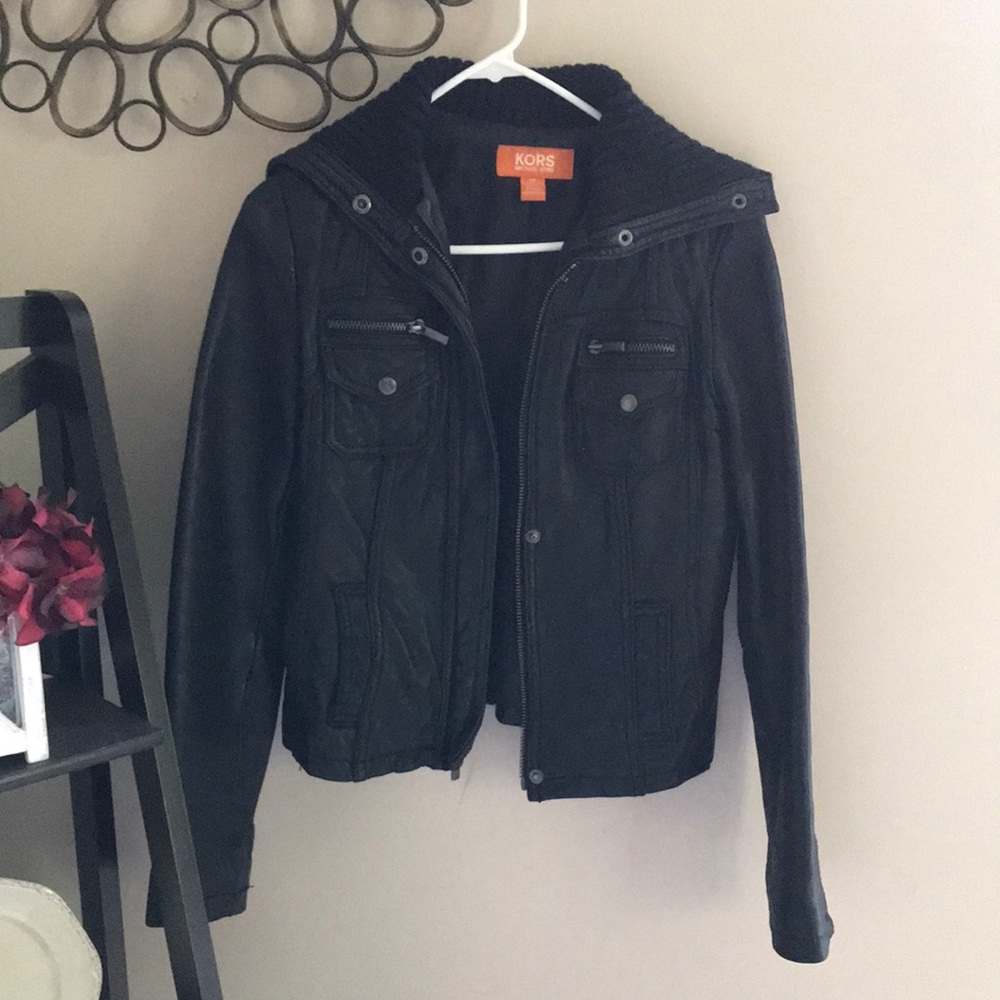 Michael Kors Black Leather Jacket with knit collar